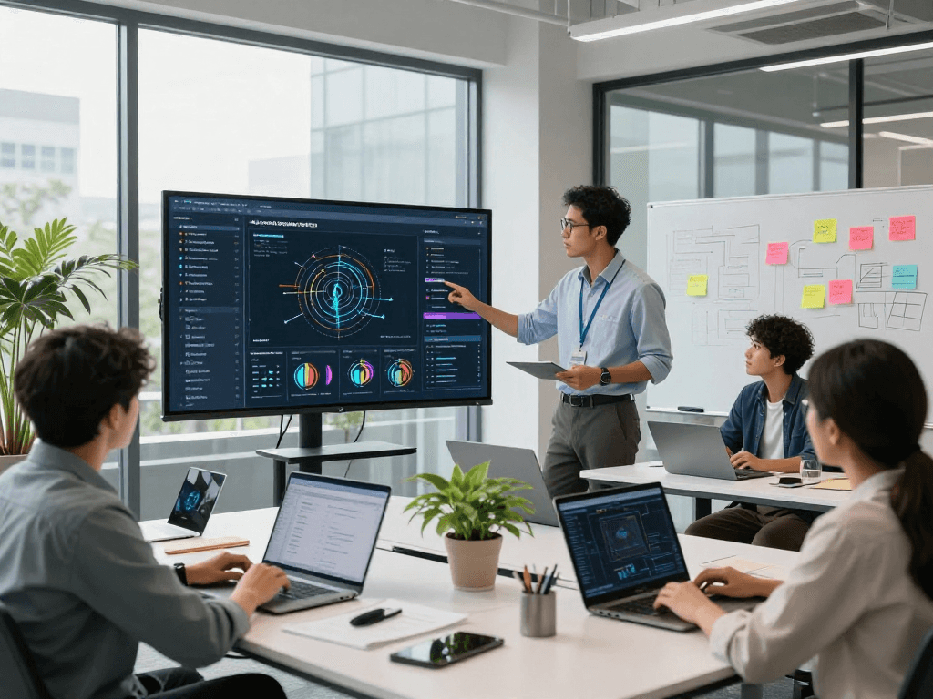 Collaboration in a modern workspace showcasing spicy AI applications with team members engaging in innovation.
