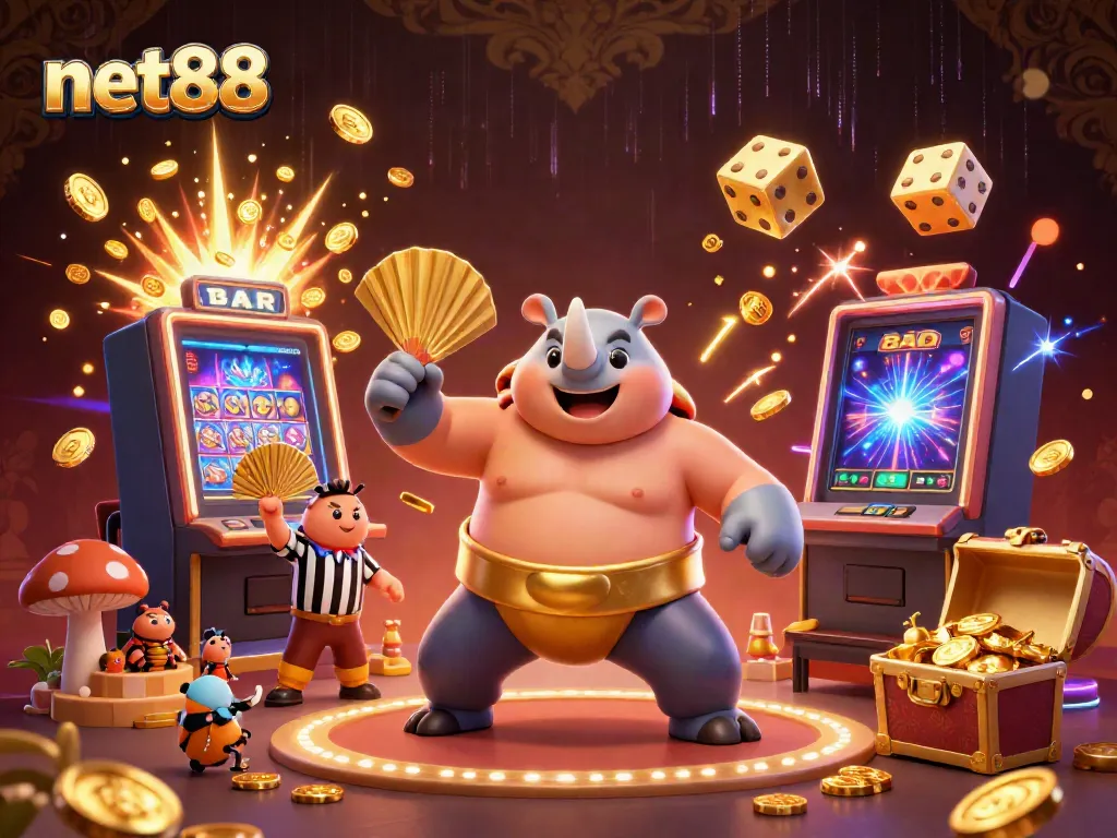 Experience net88's exciting gambling scene with a rhino beetle champion and vibrant slot elements.