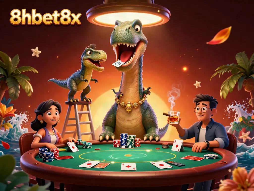Engage in thrilling gameplay at 8xbet8x with a whimsical casino scene featuring a giant brontosaurus and clever raptor.