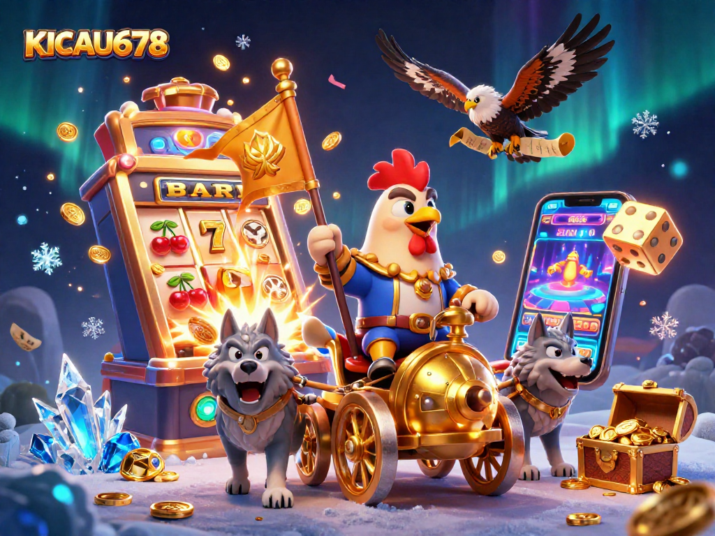 KICAU678's dynamic gaming scene featuring a rooster warlord and thrilling slot jackpot explosion.