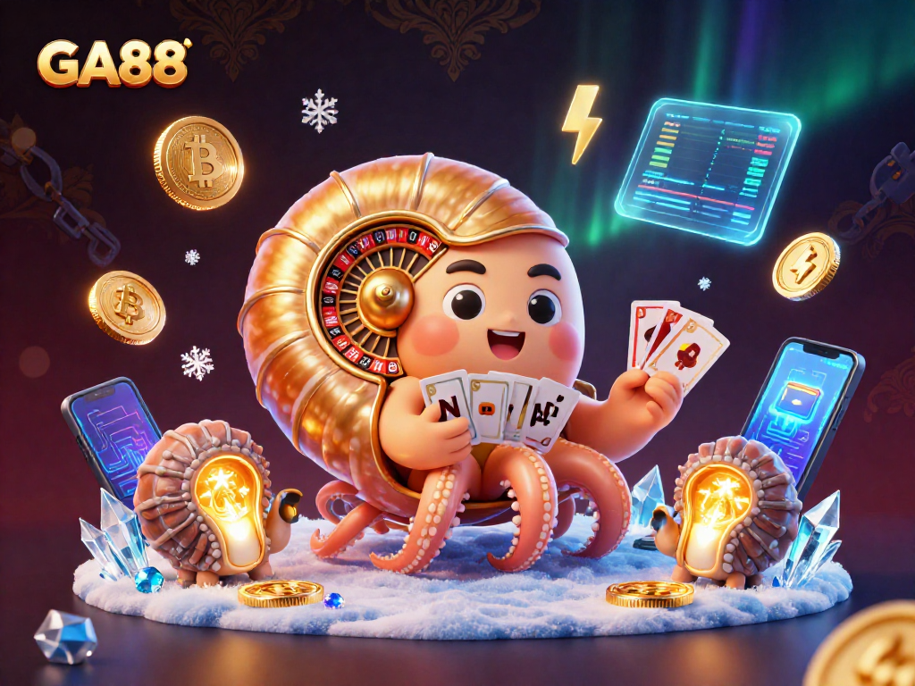 Engage with GA88 in an ultra-detailed 3D illustration featuring a giant nautilus roulette and glowing crypto coins.