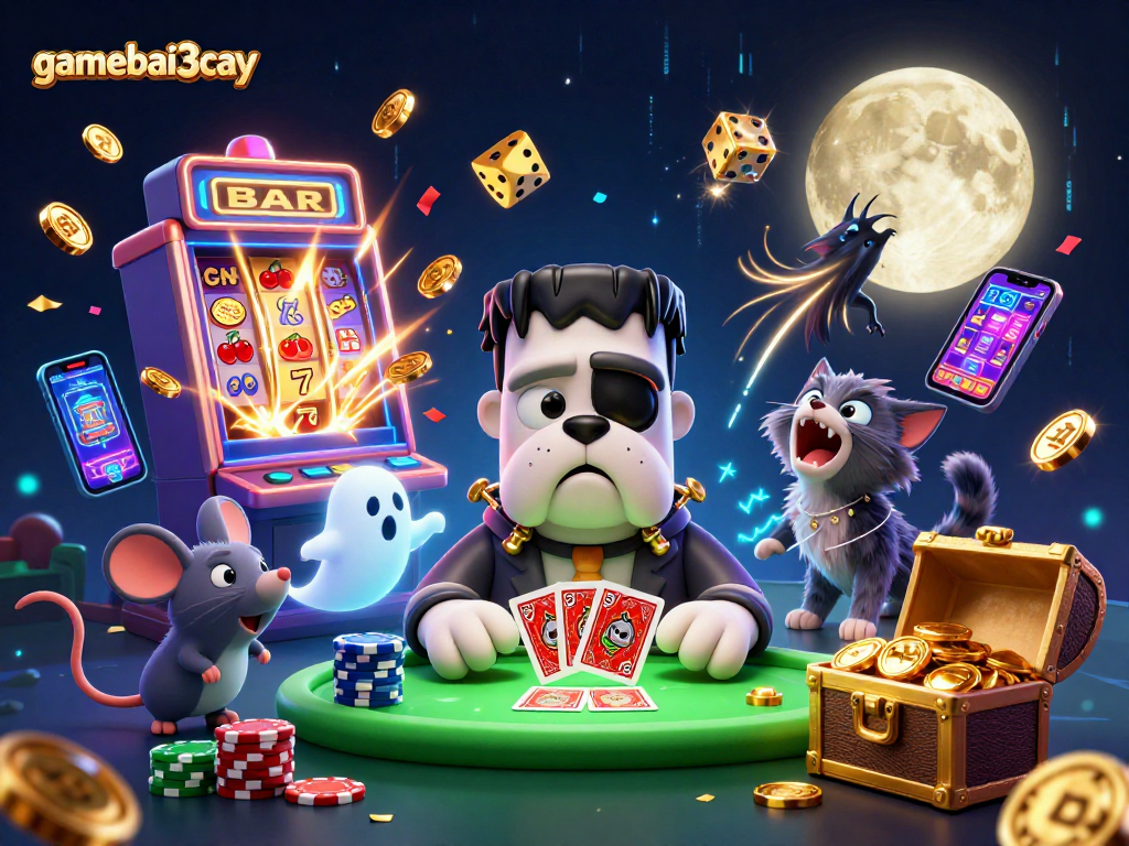 Engage in thrilling gameplay at gamebai3cay with a fun 3D casino scene featuring delightful characters.