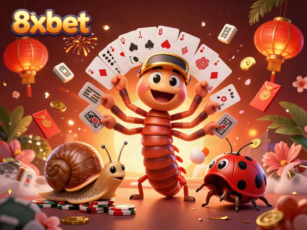 Experience the thrill of 8xbet with a vibrant casino scene featuring a millipede dealer and exciting game elements.