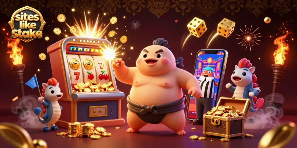 Experience top sites like stake at a vibrant casino arena featuring a towering fugu and exciting game elements.