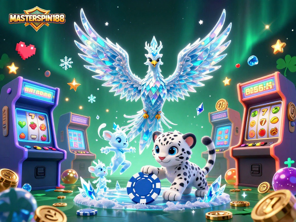 Master the slots with this vibrant MASTERSPIN188 casino-themed 3D illustration featuring an ice phoenix.