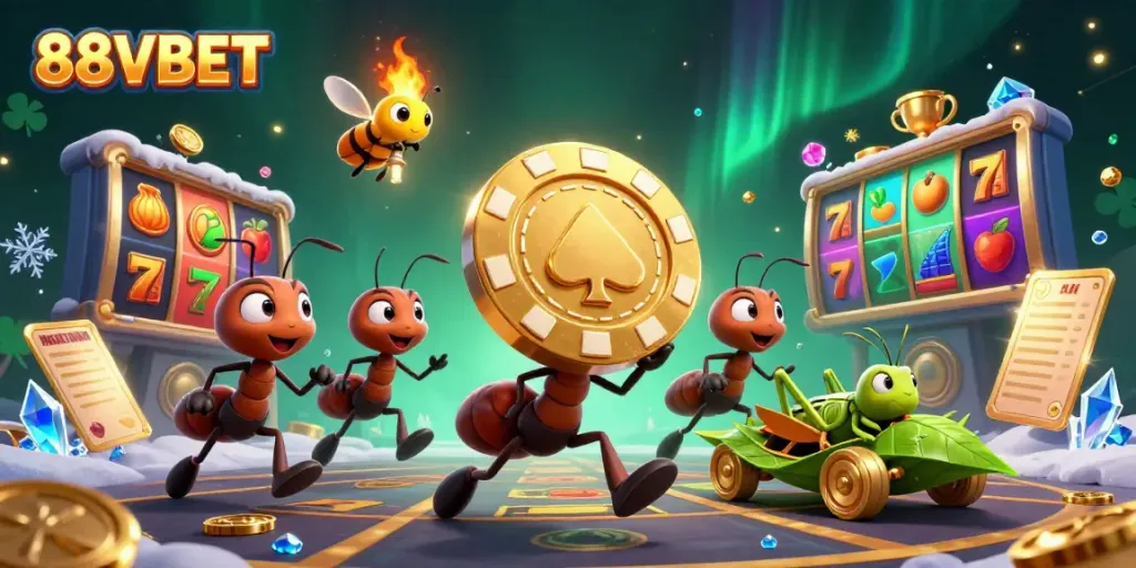 Experience the excitement of 88VBET with ants in a heist, golden poker chips, and casino elements.