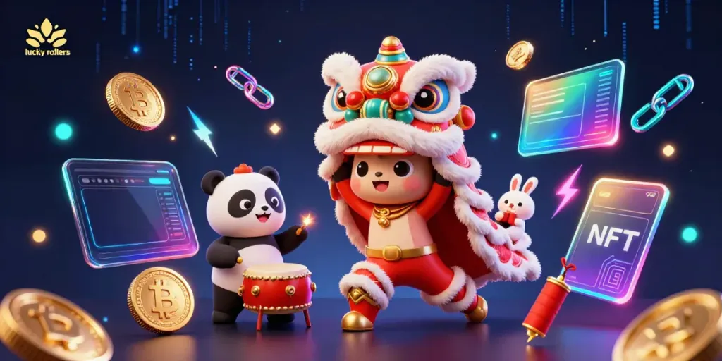 Experience the excitement at lucky rollers with a vibrant 3D animated scene of a festive lion dance, crypto coins, and electrifying visuals.