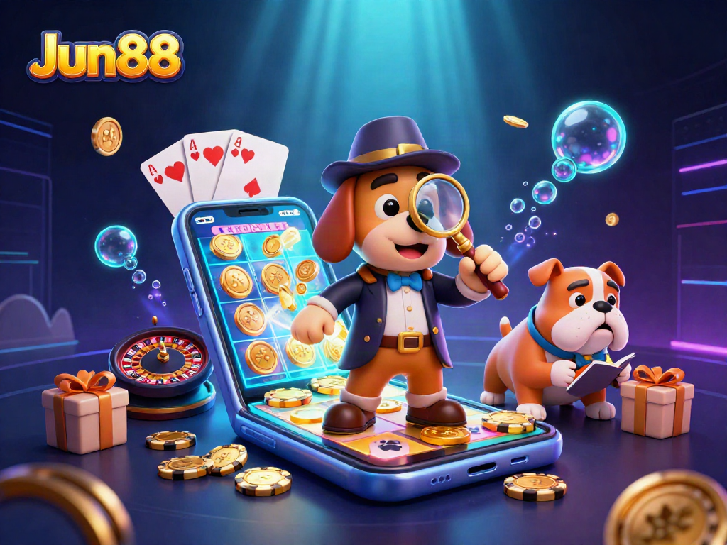 Analyze Jun88 gameplay with gambling clues in a colorful 3D casino scene