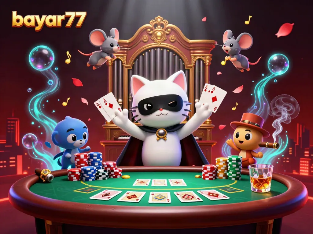 Experience seamless gaming with bayar77, featuring a whimsical casino scene bursting with vibrant characters and elements.