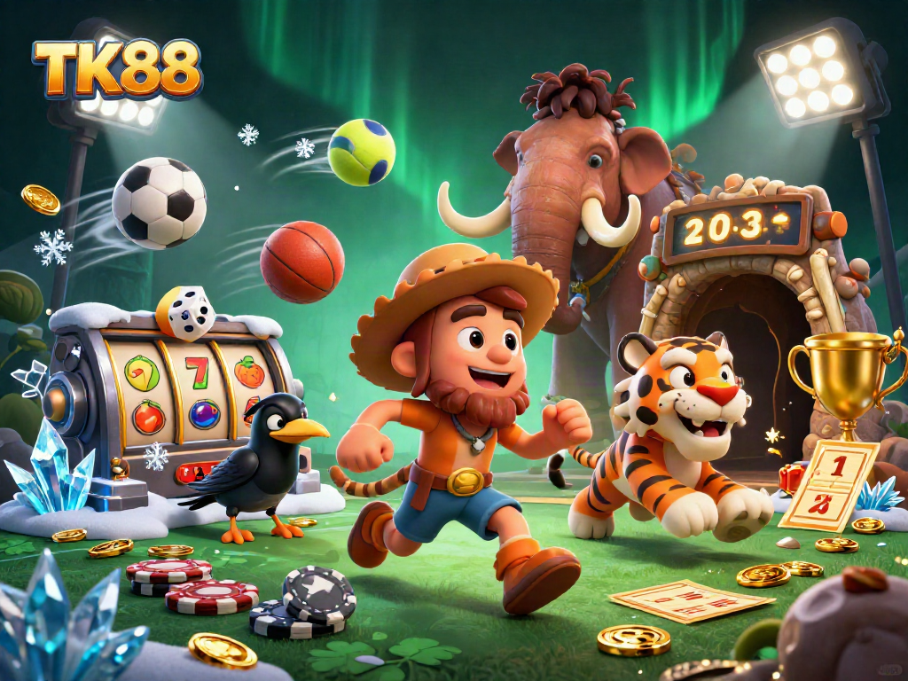 Experience thrilling gameplay with TK88 in a vibrant, prehistoric casino filled with dynamic action.