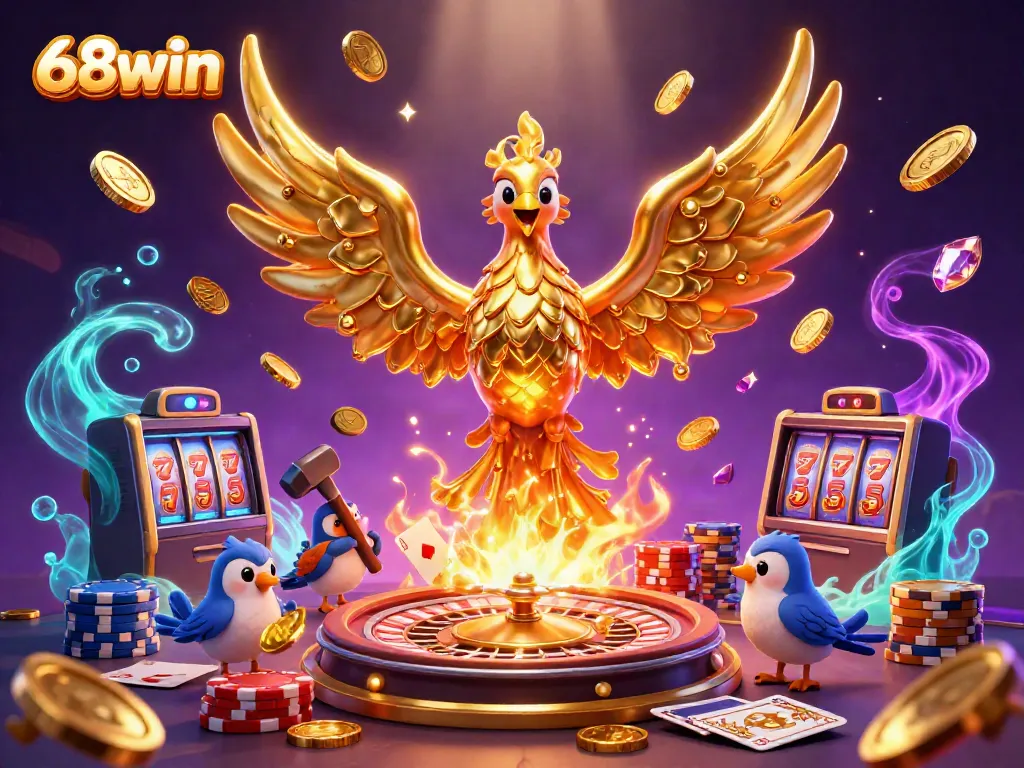 Experience thrilling gameplay at 68win with golden phoenix soaring amidst coins and gems