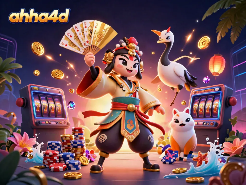 Witness the excitement of ahha4d as a kabuki warrior and kitsune unleash wins amidst cascading coins and vibrant lights.