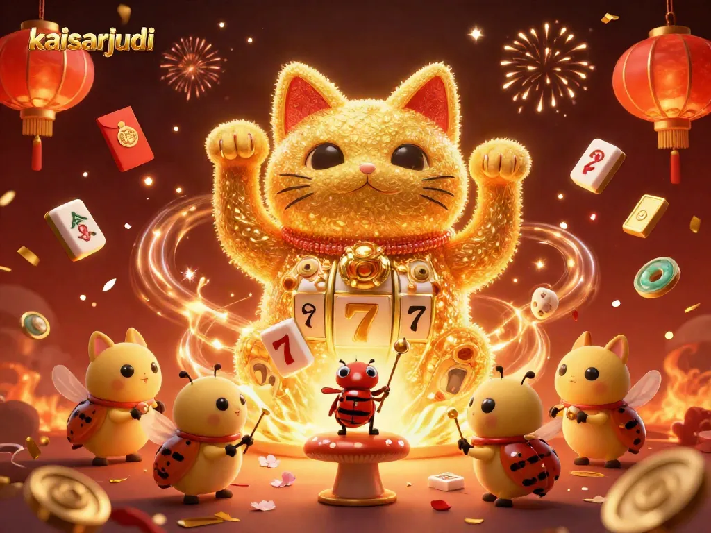 Kaisarjudi brings luck with a golden cat and festive casino symbols in a captivating illustration.