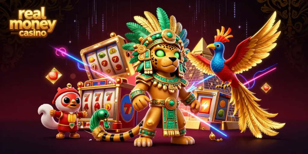 Experience real money casino excitement with dynamic slot reels and colorful jackpot elements!