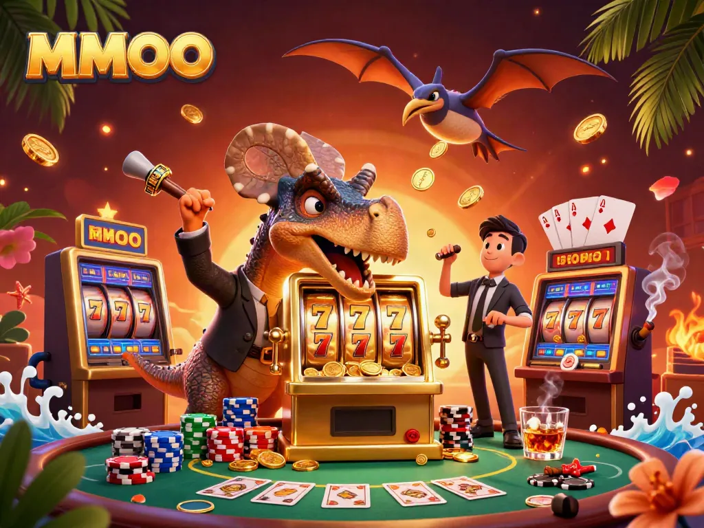 MMOO pachycephalosaurus championing a slot machine jackpot with casino elements in vibrant chaos.