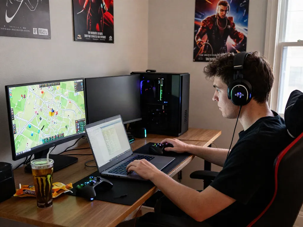 Akujp online gaming scene with a focused player, gaming setup, and snacks, creating a competitive atmosphere.