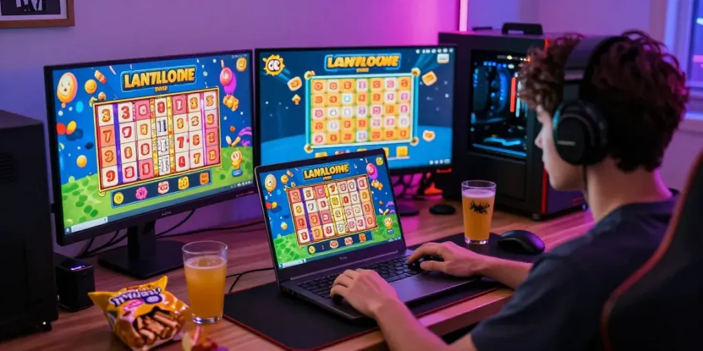 Player engaging with sgpslot online lottery game in a vibrant home setup.