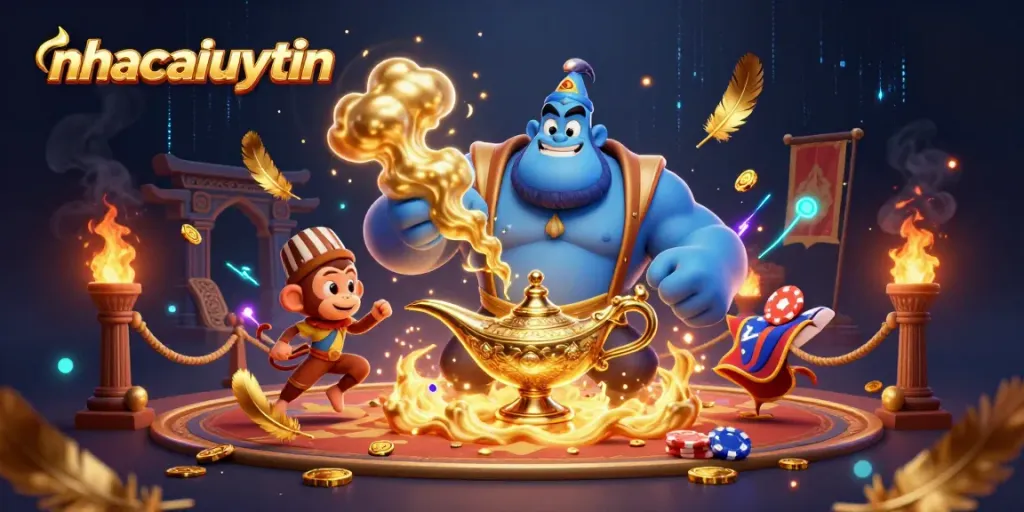 Engage in the excitement of nhacaiuytin with a dynamic illustration of playful casino characters and sparkling elements.