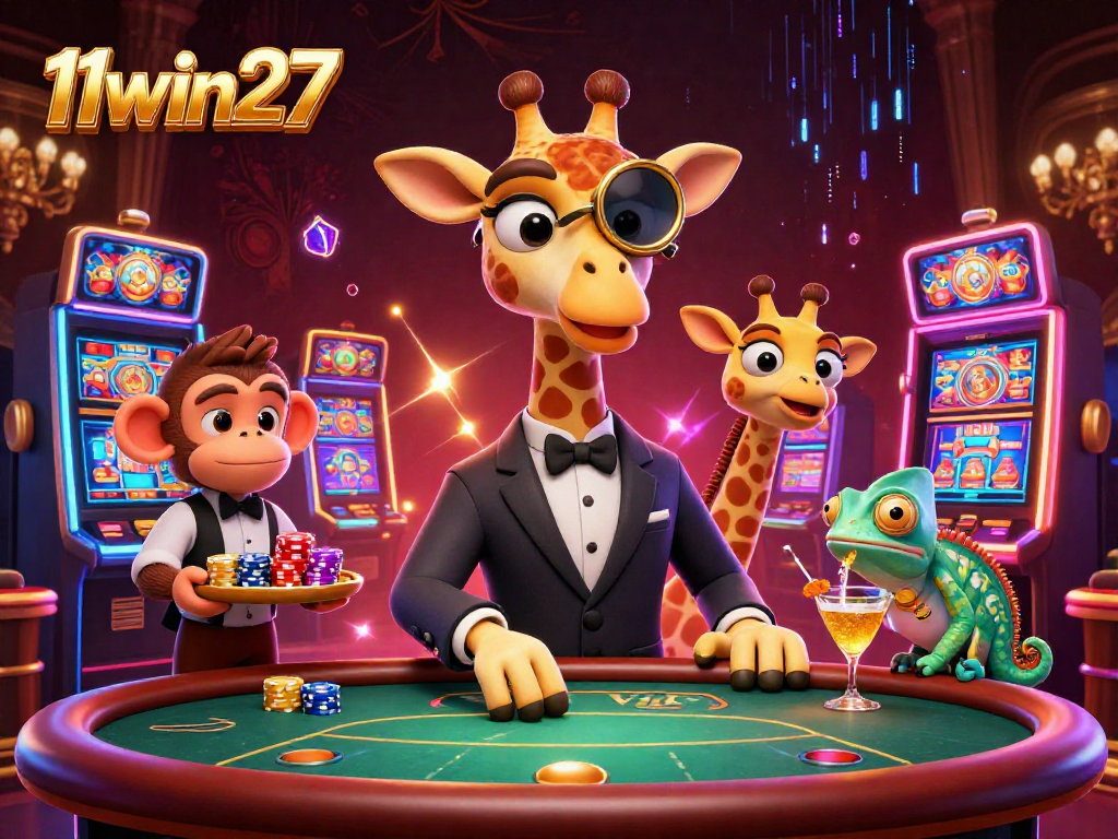 Experience excitement with 11win27 as the giraffe wins at the VIP poker table amidst a lively casino.