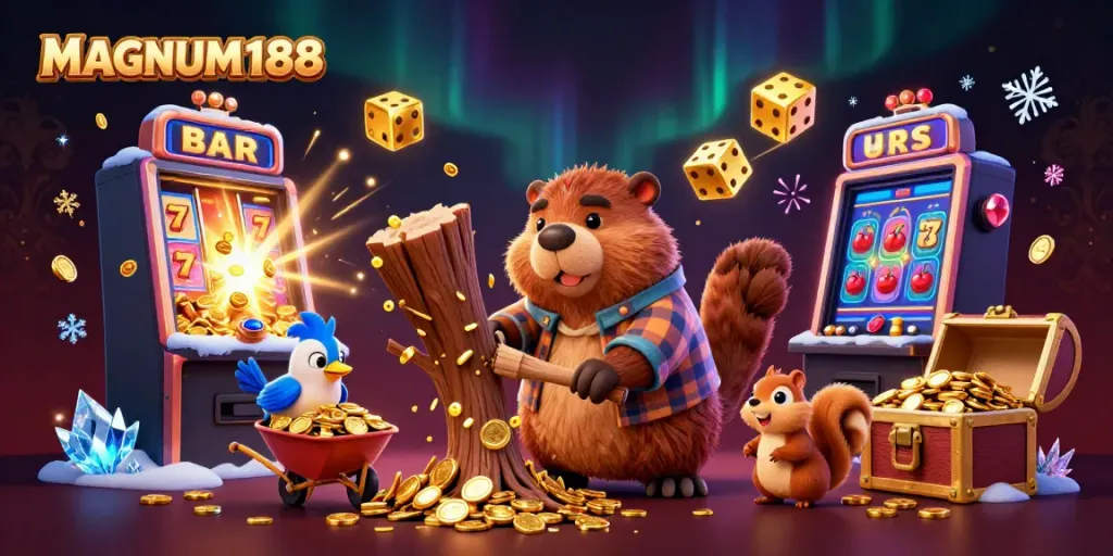 Engage with MAGNUM188's vibrant gaming scene featuring a whimsical 3D beaver and treasure-filled slots.