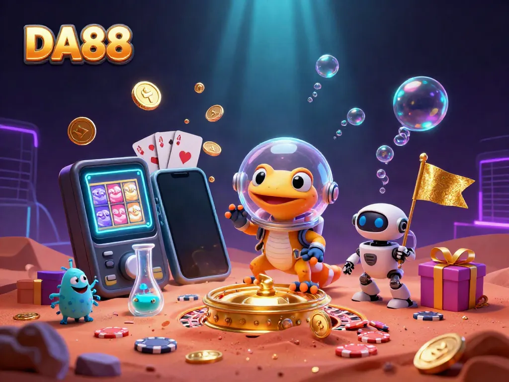DA88 Martian gecko explores a buried casino with vibrant gaming elements and joyful aliens.