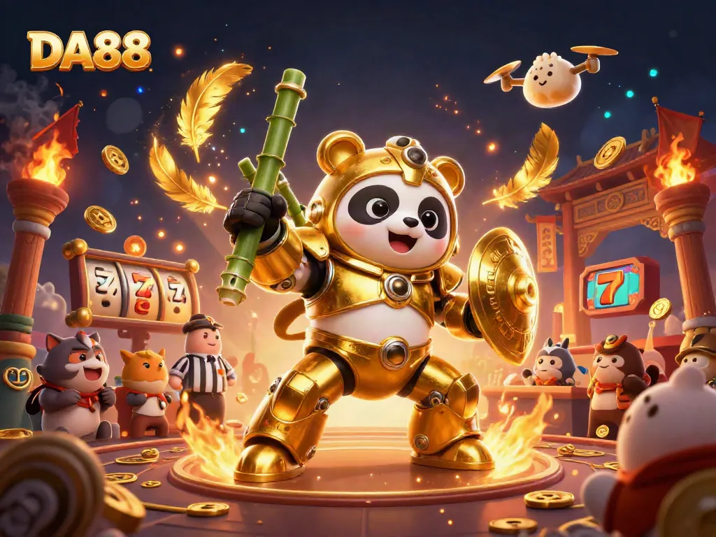 Engage with DA88 in an exhilarating casino arena featuring a golden panda robot battling amidst slot reels and cheering spectators.