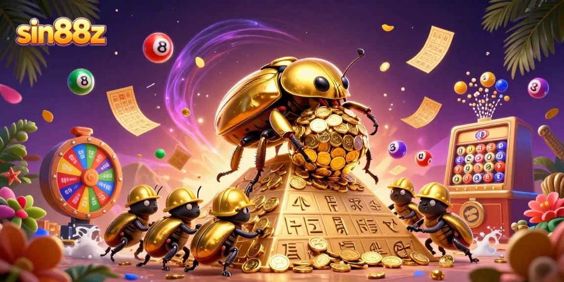 Engage in thrilling jackpots with sin88z featuring vibrant lottery elements and an energetic gold beetle scene.