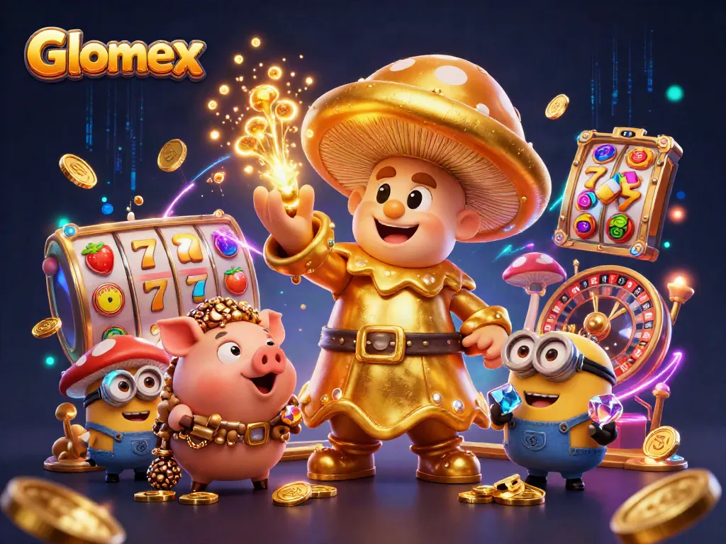 Engage players with Glomex's enchanting 3D casino illustration featuring vibrant slot reels and magical treasures.