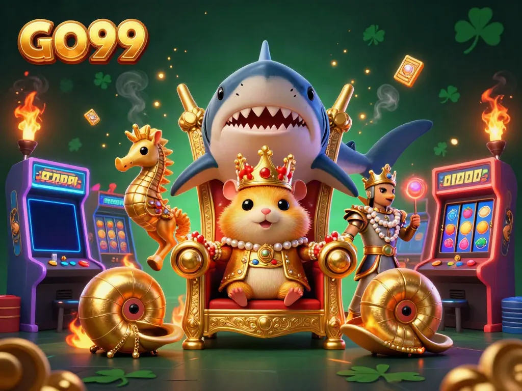 Experience thrilling gaming adventures at GO99, featuring a vibrant 3D cartoon scene with a hamster king on a megalodon throne amidst casino elements.