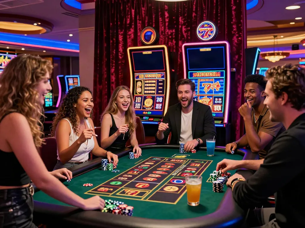 Friends celebrating a jackpot win at Lucky777 slots in a vibrant casino atmosphere.