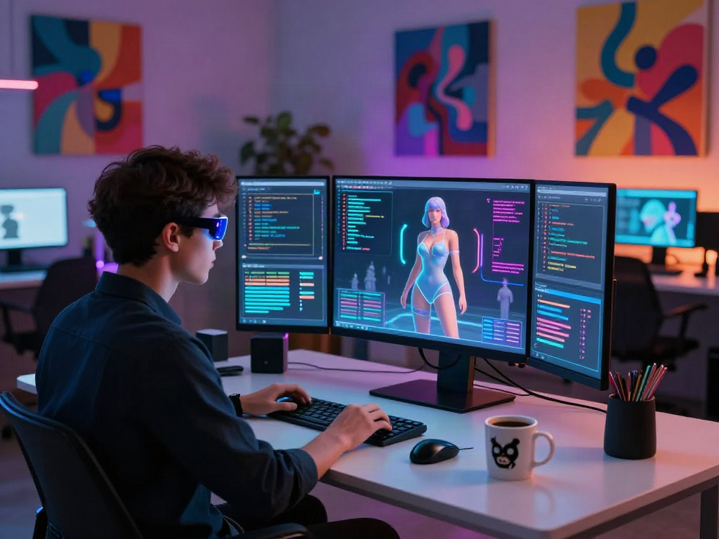 A gender-neutral creator using an AI porn generator in a futuristic digital art studio, showcasing interactive tools and neon elements.