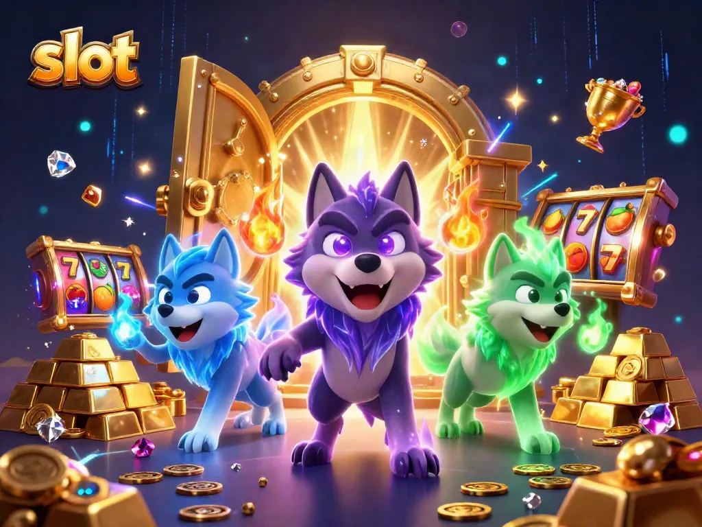 Slot permainan menyenangkan dengan karakter serigala hantu dan simbol berkilau seperti rubi dan permata