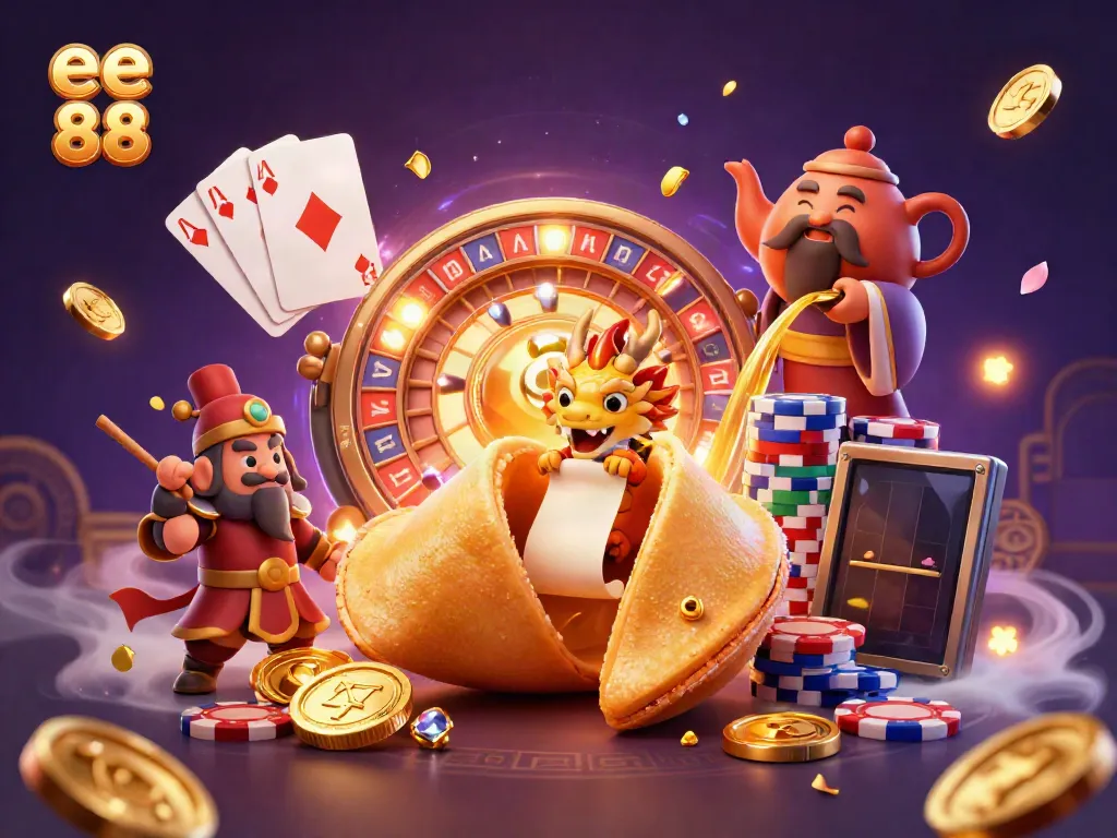Experience excitement at ee 88 with a dynamic scene of a fortune cookie, wise dragon, and gaming elements.