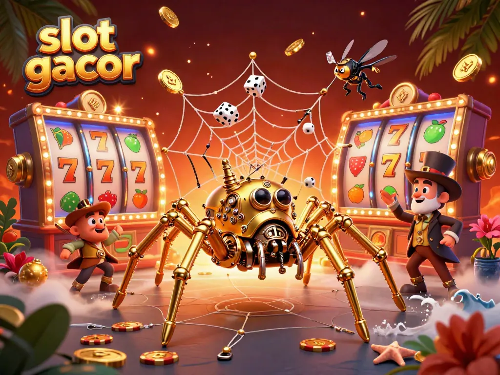 Experience the thrilling action of slot gacor with a vibrant 3D scene bursting with casino elements.
