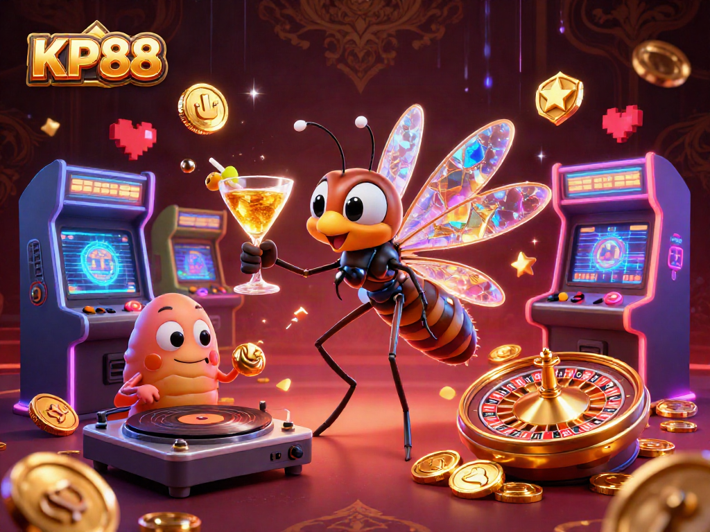 Experience KP88 gaming with vibrant characters and energetic casino elements in a 3D illustration.