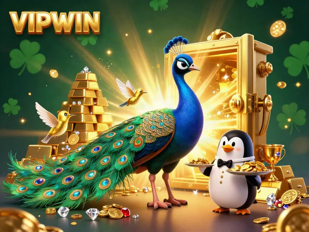 Join the excitement at VIPWIN with a vibrant 3D illustration showcasing a peacock, penguin, and hummingbird amid treasures.