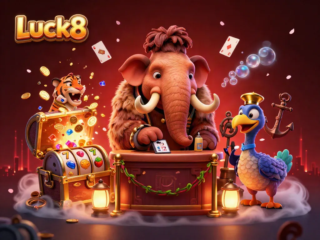 Experience excitement at Luck8 with a cartoon bouncer and unique casino characters amidst vibrant slots and treasures.