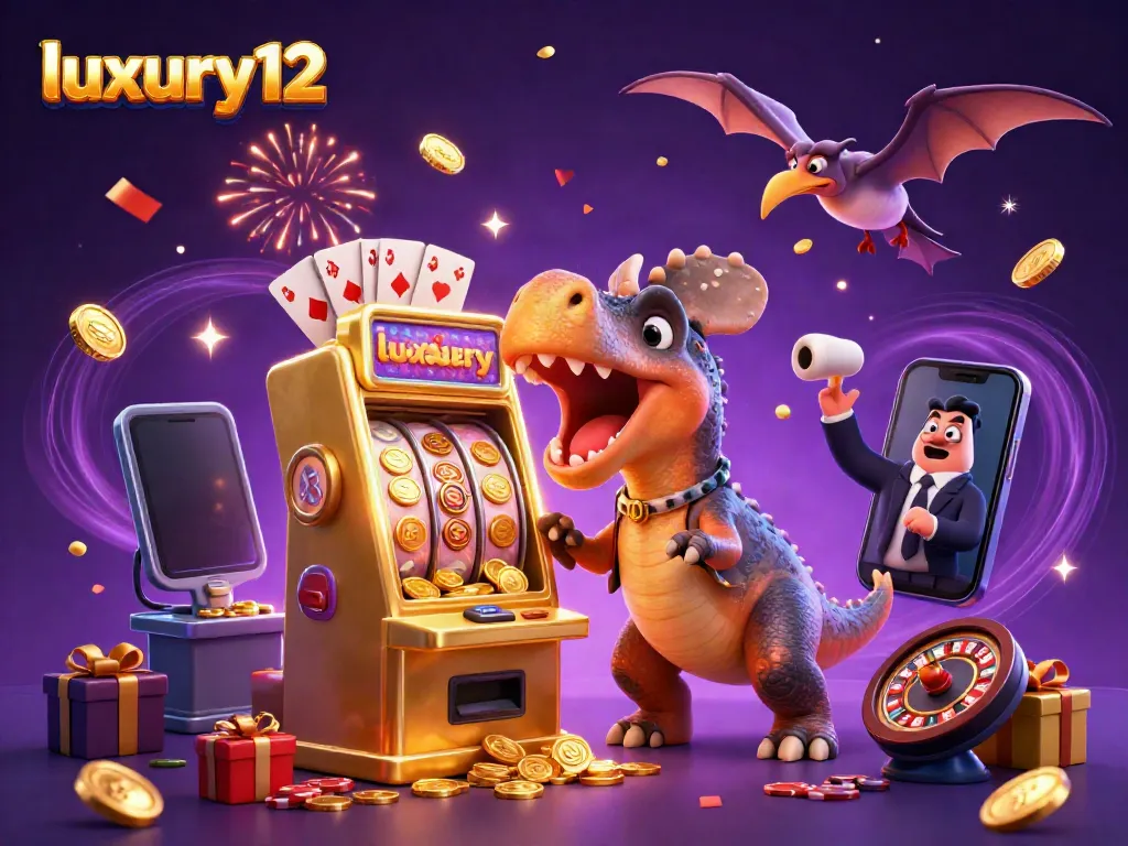 Experience thrilling wins at luxury12 with a dinosaur-themed jackpot scene overflowing with coins and excitement.