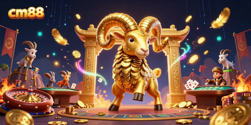 Engage in thrilling gameplay at cm88 with a golden ram charging through a vibrant live casino.