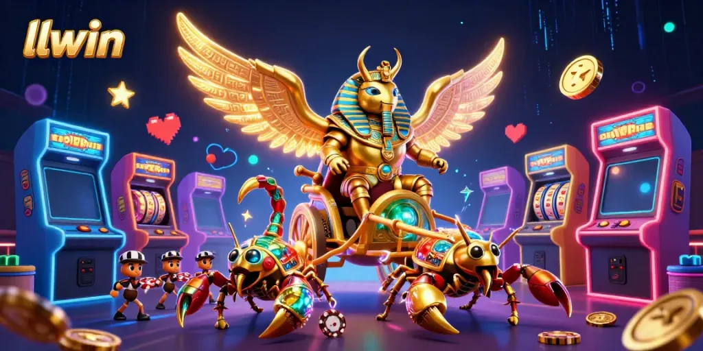 Experience thrilling gameplay with LLWIN, featuring golden scarabs and colorful slot machines.