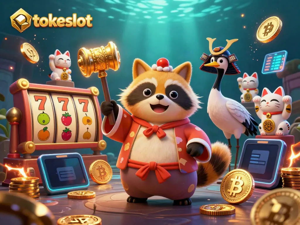 TokeSlot brings excitement with a cheerful tanuki holding a golden mallet amid colorful maneki-neko cats and crypto-themed elements.