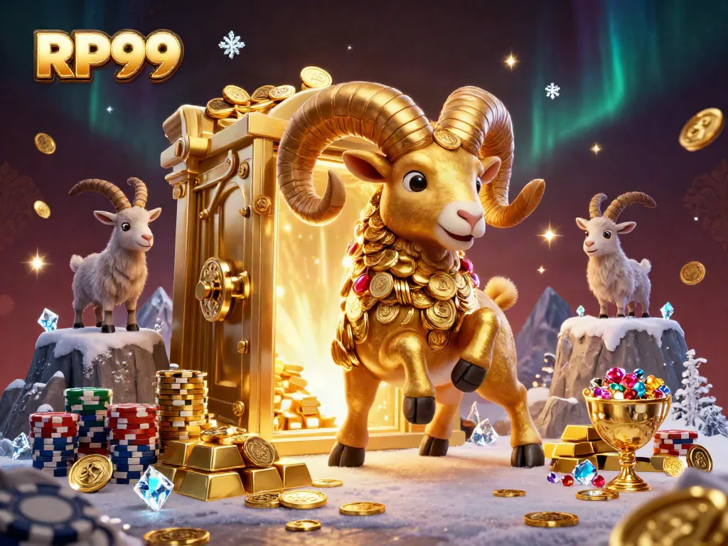 Experience the thrill of RP99 with a dynamic golden ram charging at treasure in this vibrant casino scene.