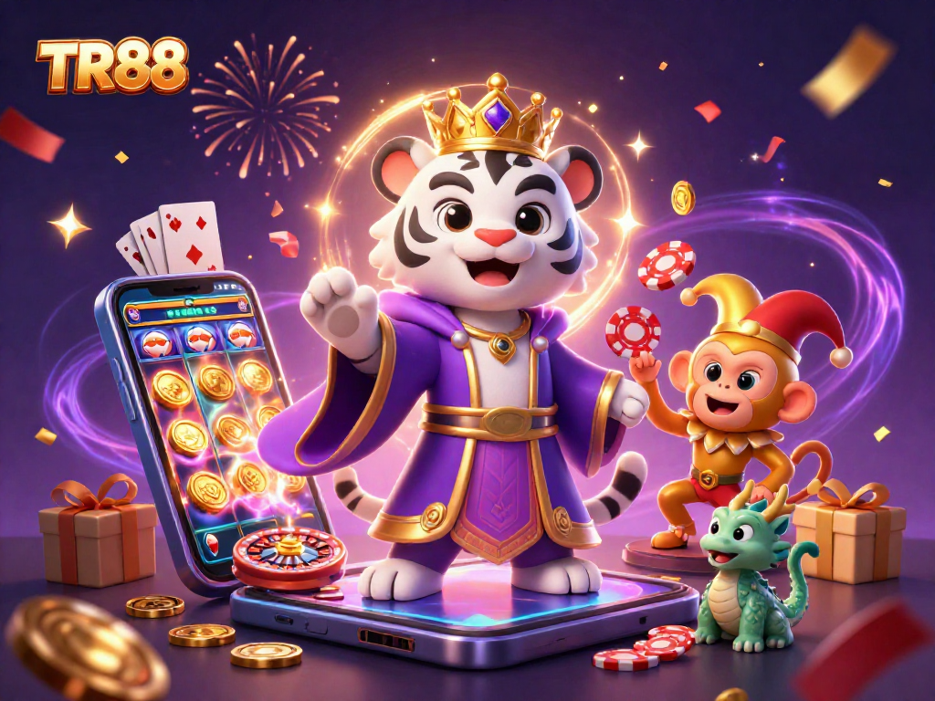 Experience thrilling gameplay at TR88 with an elegant tiger, monkey, and a jade dragon amidst vibrant casino elements.