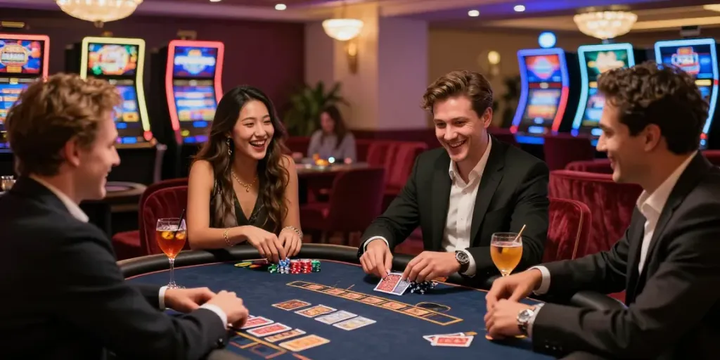 Exciting scene at a credit card casino with friends enjoying gaming, vibrant decor, and cocktails.
