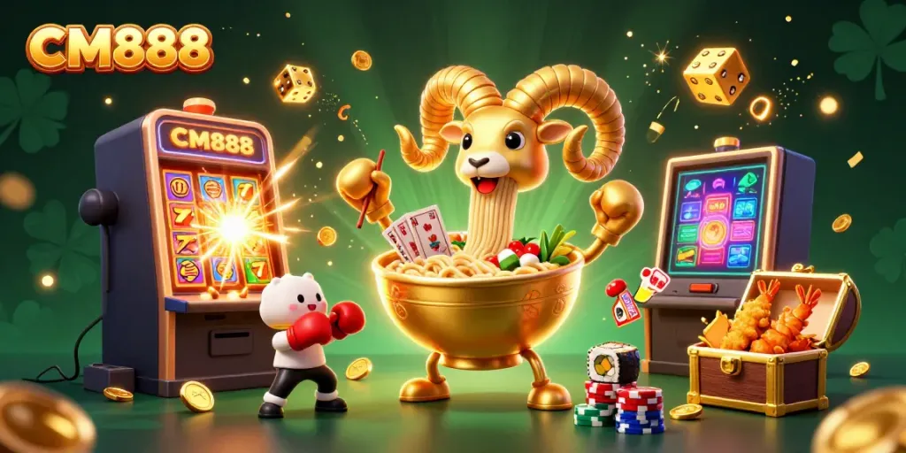 CM888 casino excitement illustrated with a playful ramen bowl character and vibrant casino elements.
