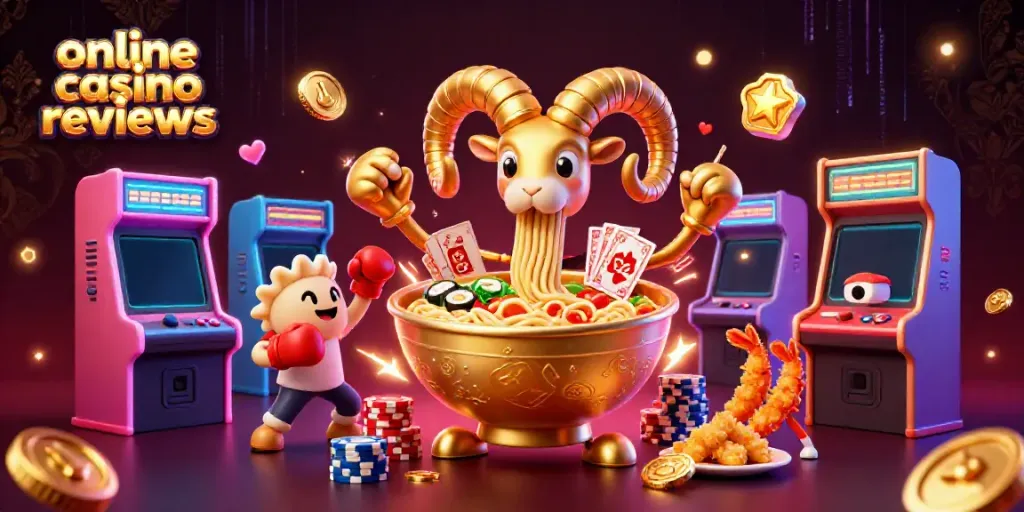 Engage with top online casino reviews as a golden ramen bowl dealer presents action and excitement in a vibrant scene.