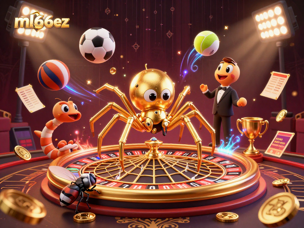 Betting scene featuring mb66ez with a golden spider and sports elements in a vibrant casino illustration
