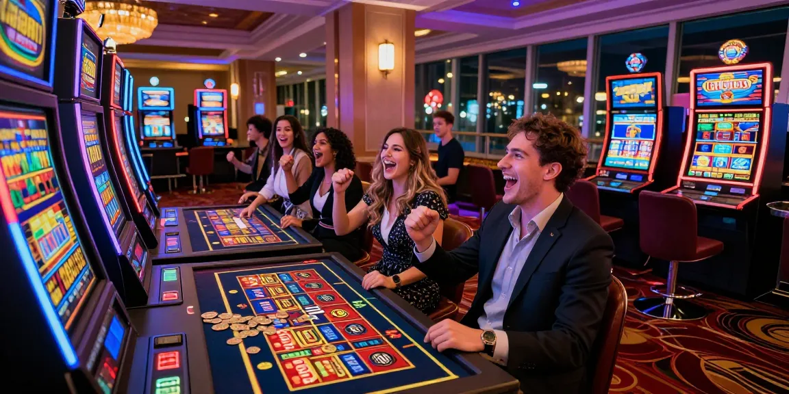 Celebrating friends enjoying slot gacor hari ini at a vibrant casino with colorful lights and excitement.