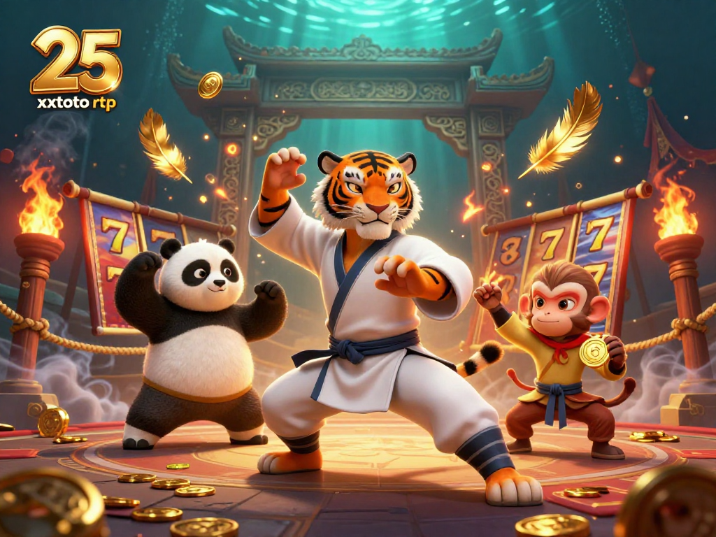 Slot berputar dengan 25 xxtoto rtp dan karakter lucu dalam ilustrasi kasino.