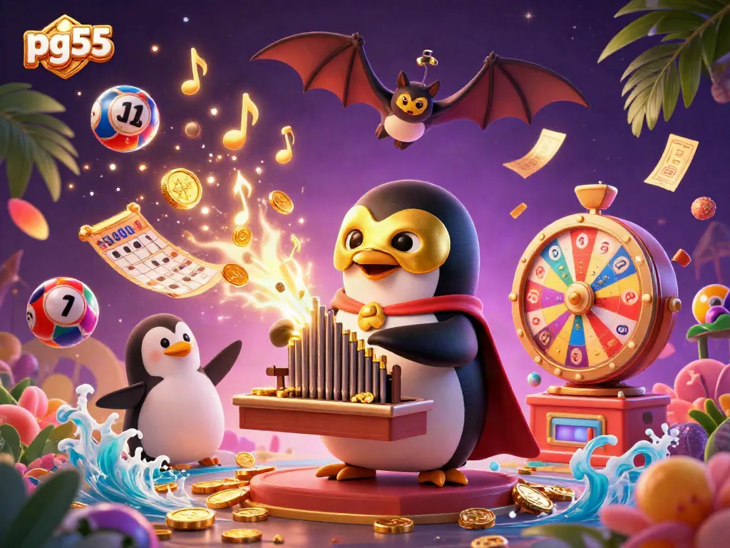 Engaging scene showcasing pg55 with a whimsical opera penguin and bat acrobat in a vibrant casino setting.